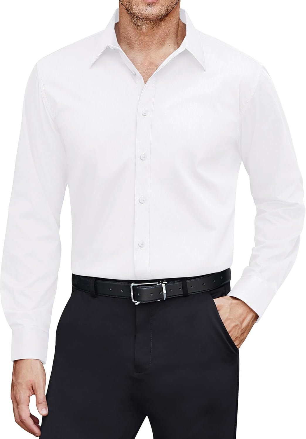 Men's Dress Shirts Stretch Stain Shield Long Sleeve Solid Formal Shirt Business Casual Button Down Shirts